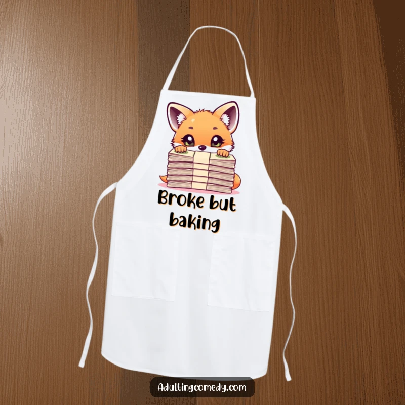 Funny Fox Apron: A curious fox cub peers over a large stack of bills with wide eyes, bringing financial humor to the kitchen.