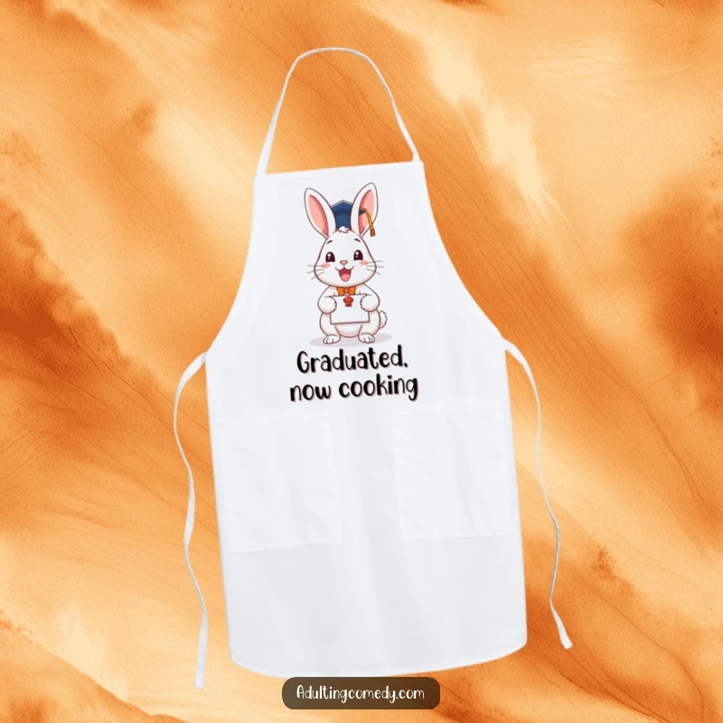 Funny graduation apron showing a rabbit in a cap holding a diploma, great for cooking enthusiasts.