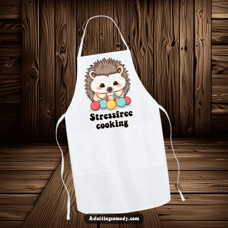 Funny Hedgehog Apron: A determined hedgehog carefully sorts miniature stress balls with its nose, bringing humorous stress relief to the kitchen.