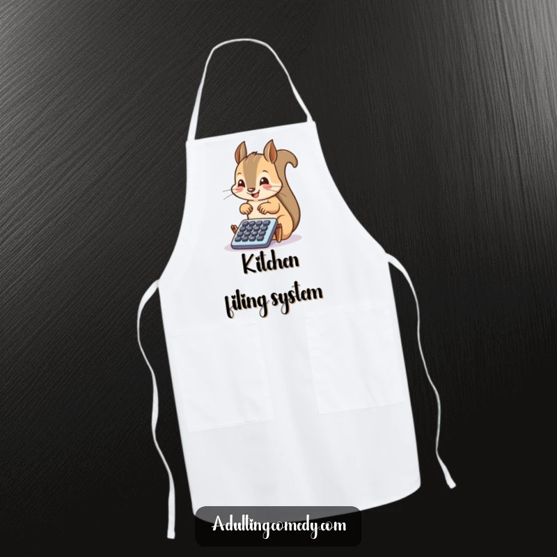 Funny Squirrel Apron: A happy squirrel taps enthusiastically on a tiny filing cabinet drawer, bringing humorous organization to the kitchen chef.
