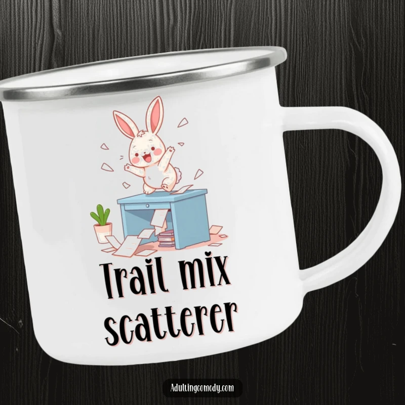 Funny Bunny Camping Mug: A playful bunny hops on a miniature desk, scattering papers gleefully, perfect for outdoor adventures and humorous mornings.