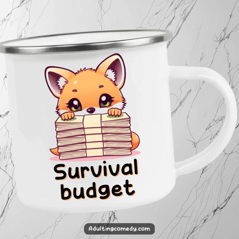 Funny Fox Camping Mug: A curious fox cub peers over a large stack of bills with wide eyes, ideal for outdoor financial humor.