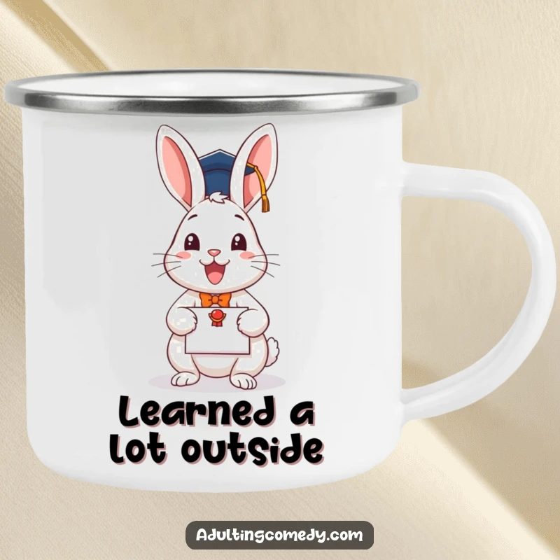 Funny graduation camping mug featuring a happy rabbit with a diploma, perfect for outdoor celebrations.