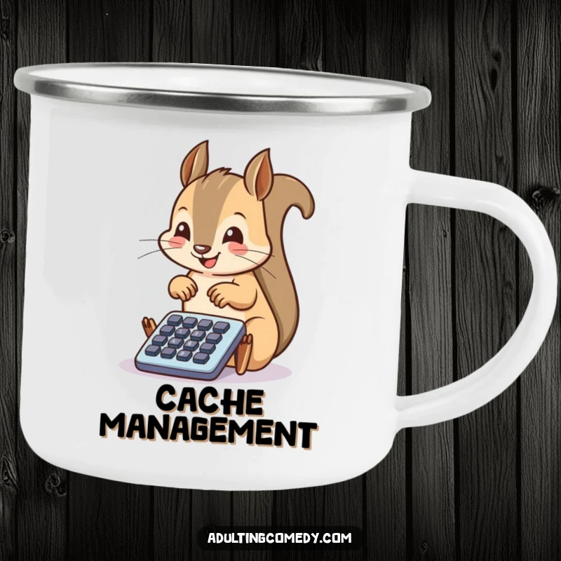 Funny Squirrel Camping Mug: A happy squirrel taps enthusiastically on a tiny filing cabinet drawer, ideal for outdoor organization and humorous mornings.