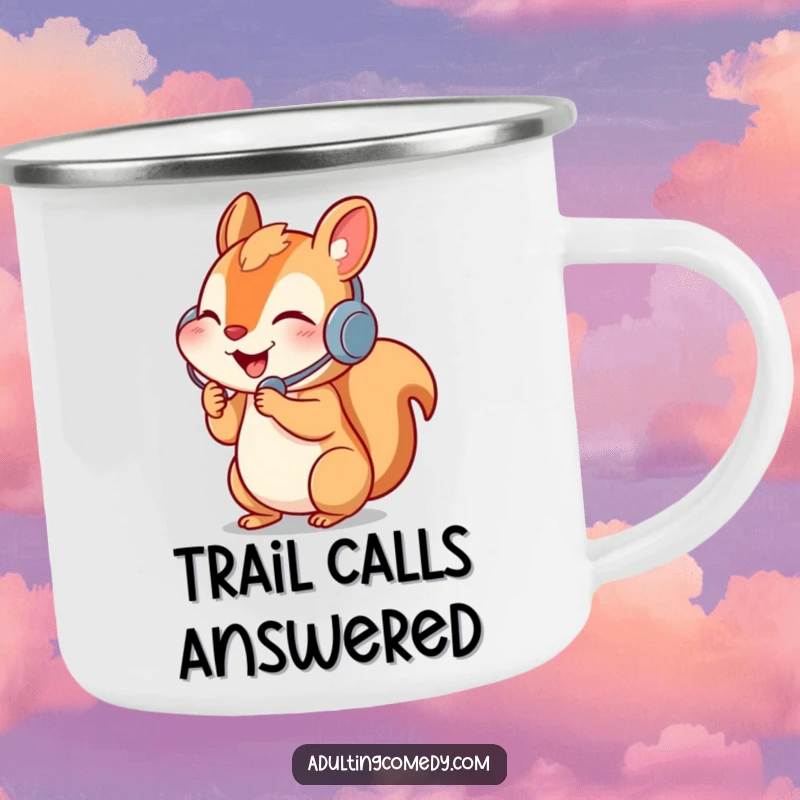Funny squirrel camping mug with headset and phone, perfect for outdoor calls.