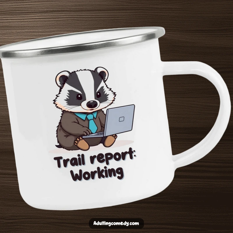Funny badger camping mug with a tie, ready for adventure, a durable and humorous cup.