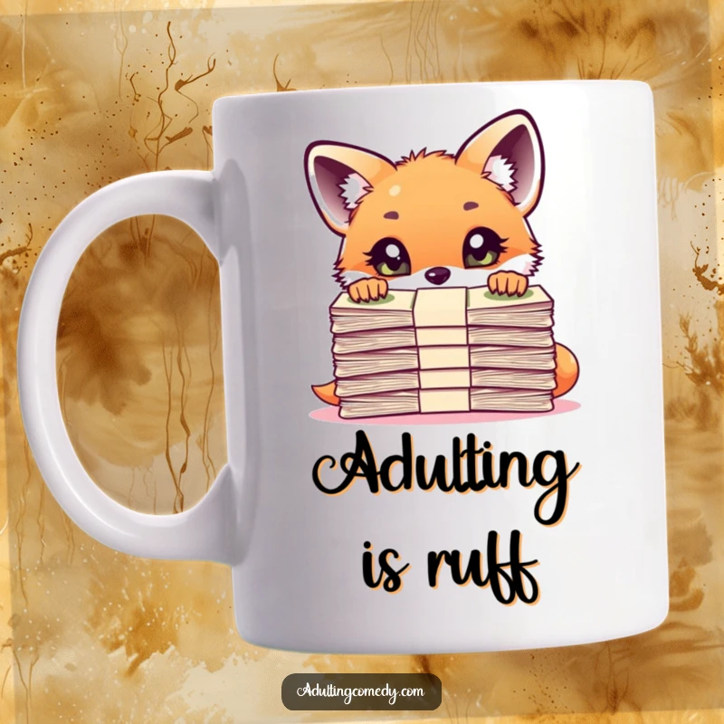 Funny Fox Mug: A curious fox cub peers wide-eyed over a massive stack of bills, capturing relatable financial stress with humor.