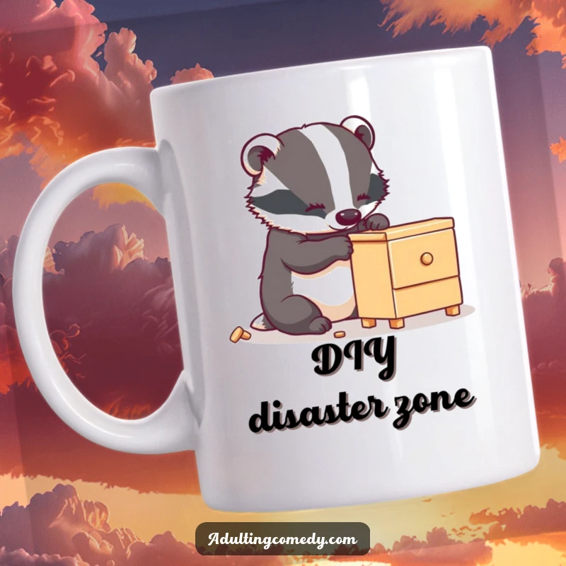 Funny badger mug showing a busy animal carefully assembling wobbly furniture with intense focus, a perfect funny gift.