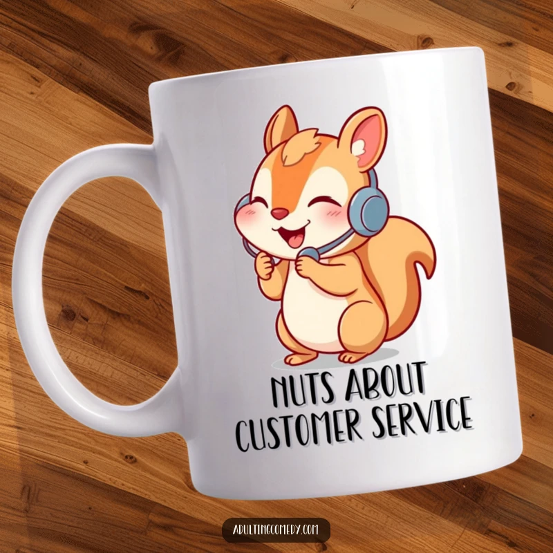 Funny squirrel mug with headset, enthusiastically answering a phone, symbolizing busy communication, a great gift.
