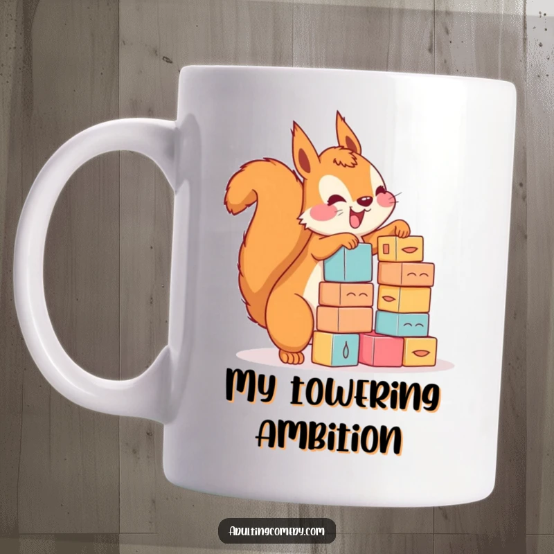 Funny squirrel mug with a happy expression, precariously stacking tiny blocks with immense enthusiasm, perfect for gift-givers.
