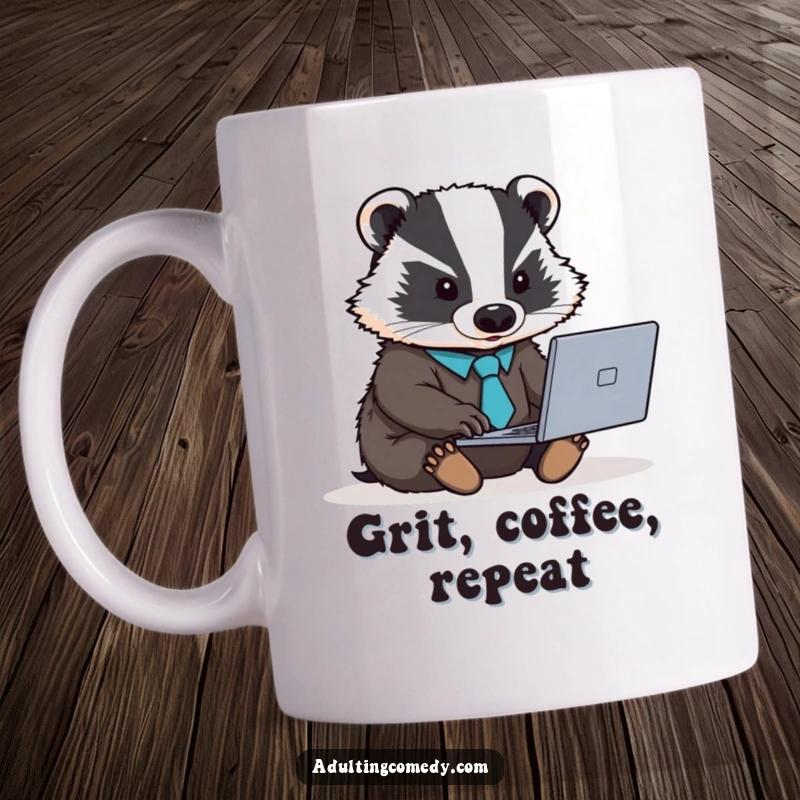 Funny badger mug with a tie, typing on a laptop, symbolizing hard work and determination, a great gift.