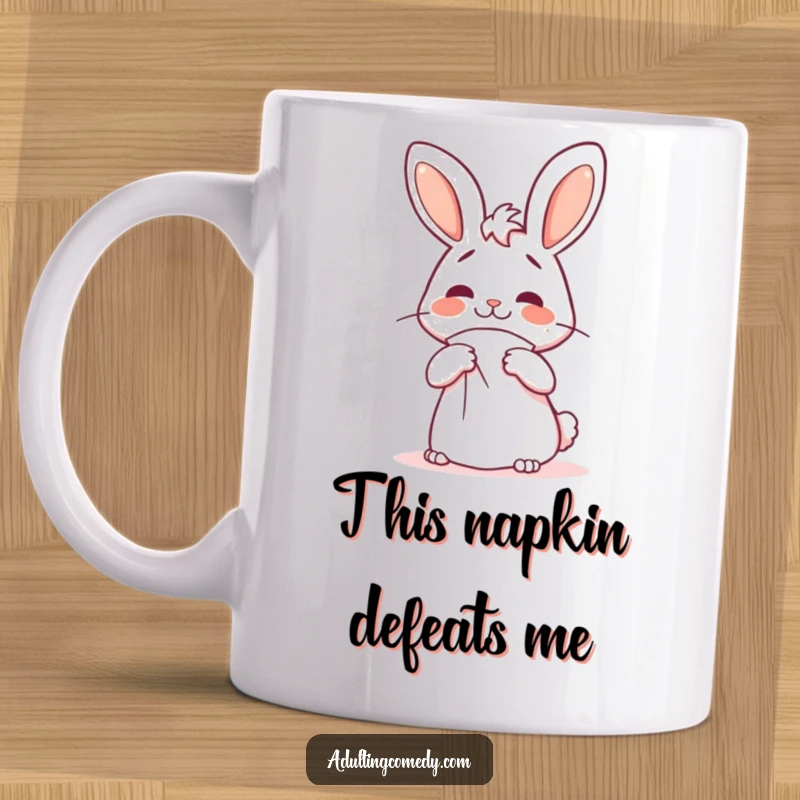 Funny bunny mug with a confused expression, hilariously attempting to fold a giant napkin, a perfect funny gift.