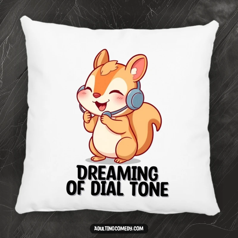 Funny squirrel pillow with headset and phone, a cute and humorous desk or couch companion.