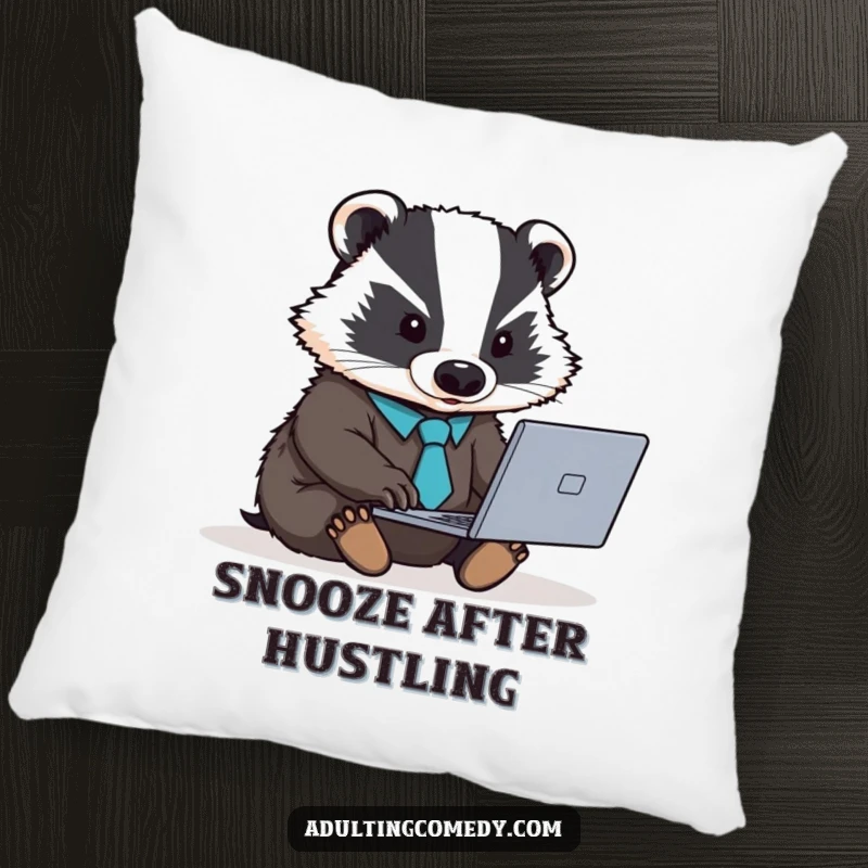 Funny badger pillow with a tiny tie, a cute and humorous desk or couch companion.