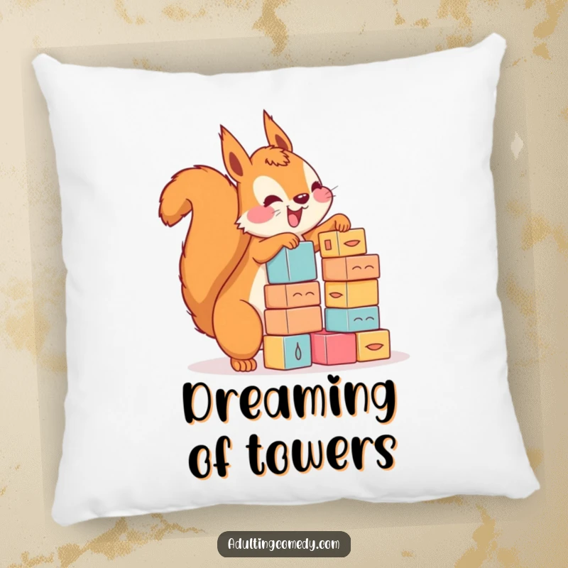 Funny squirrel pillow showing a happy rodent precariously stacking miniature blocks with great enthusiasm, a cozy funny gift.