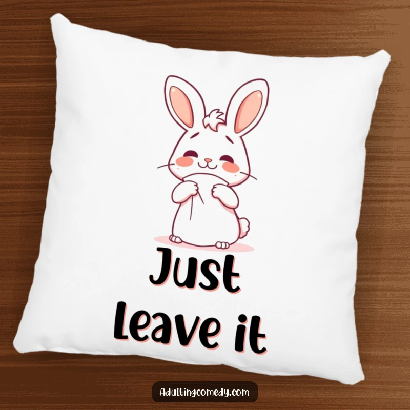 Funny bunny pillow with a confused expression, hilariously attempting to fold a giant napkin, a cozy funny gift.