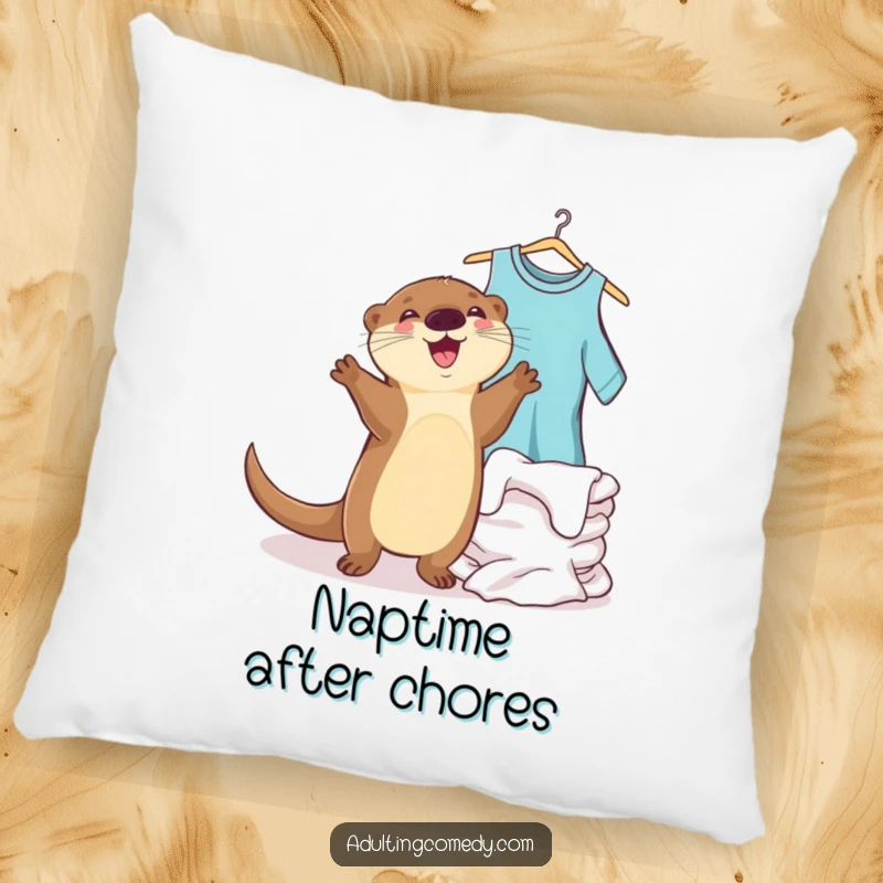 Funny otter pillow showing a joyful creature dancing next to a pile of clean laundry, a cozy funny gift.