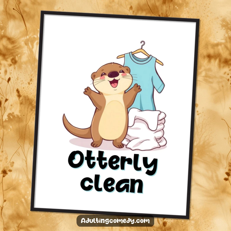 Funny otter digital art print of a joyful creature dancing next to a pile of clean laundry, ideal decor.