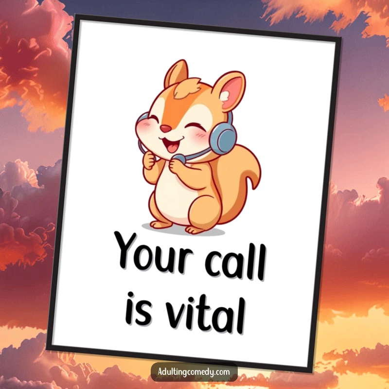 Funny squirrel digital art print of a happy squirrel with headset on the phone, humorous decor.