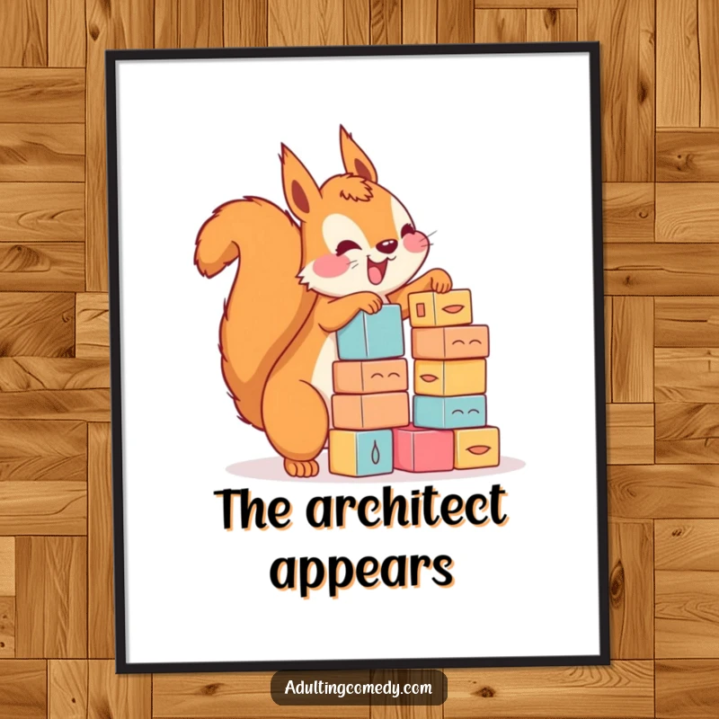 Funny squirrel digital art print of a happy rodent stacking miniature blocks with incredible enthusiasm, ideal for instant decor.