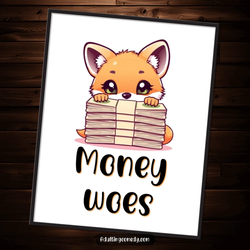 Funny Fox Digital Art Print: A curious fox cub peers over a large stack of bills with wide eyes, offering instant, humorous financial decor.