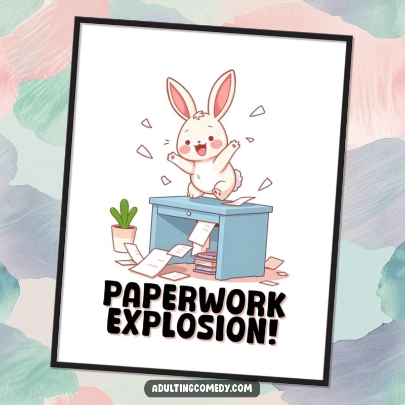 Funny Bunny Digital Art Print: A playful bunny hops on a miniature desk, scattering papers with glee, offering instant, humorous wall decor.