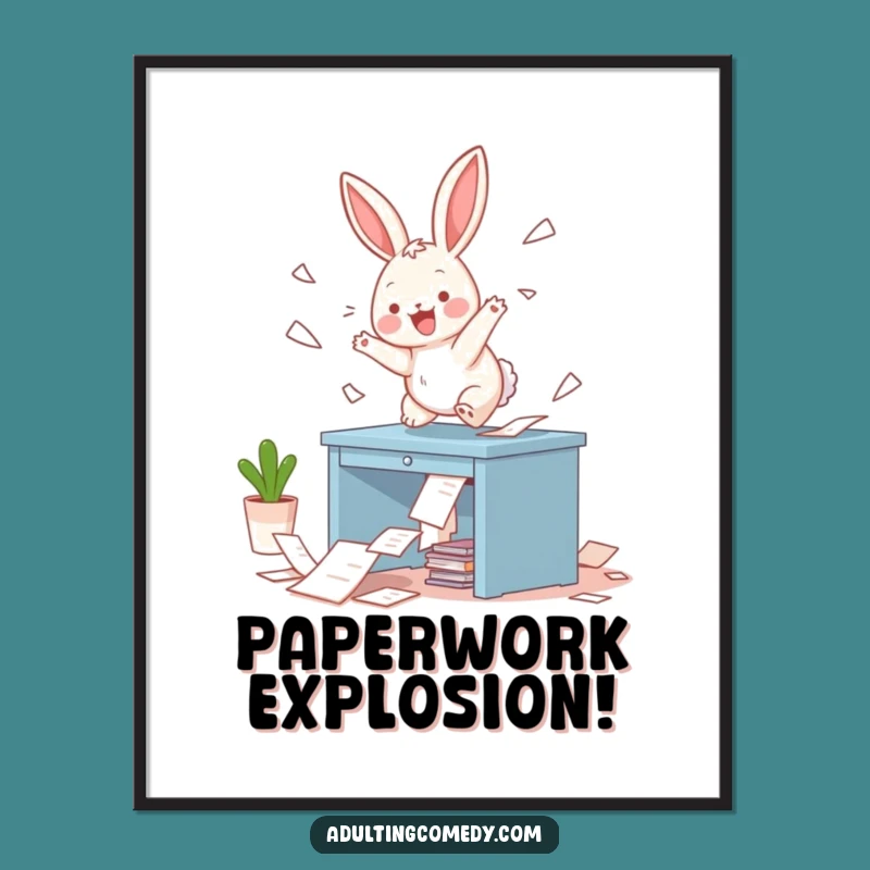 Funny Bunny Desk Chaos Digital Art: Instant Laughs for Your Walls