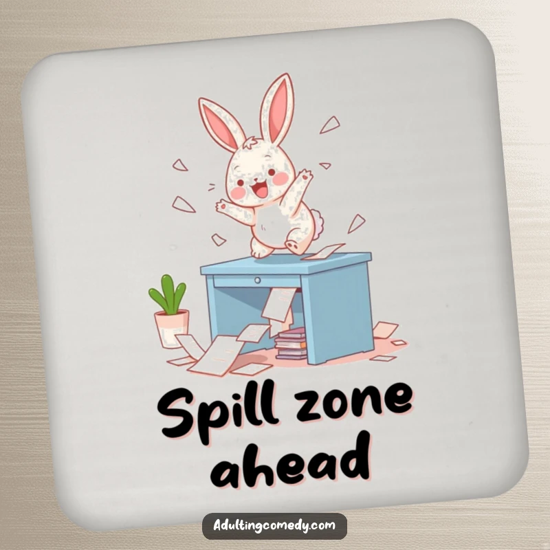 Funny Bunny Coaster: A playful bunny hops on a miniature desk, scattering papers with glee, a humorous and protective addition to any surface.