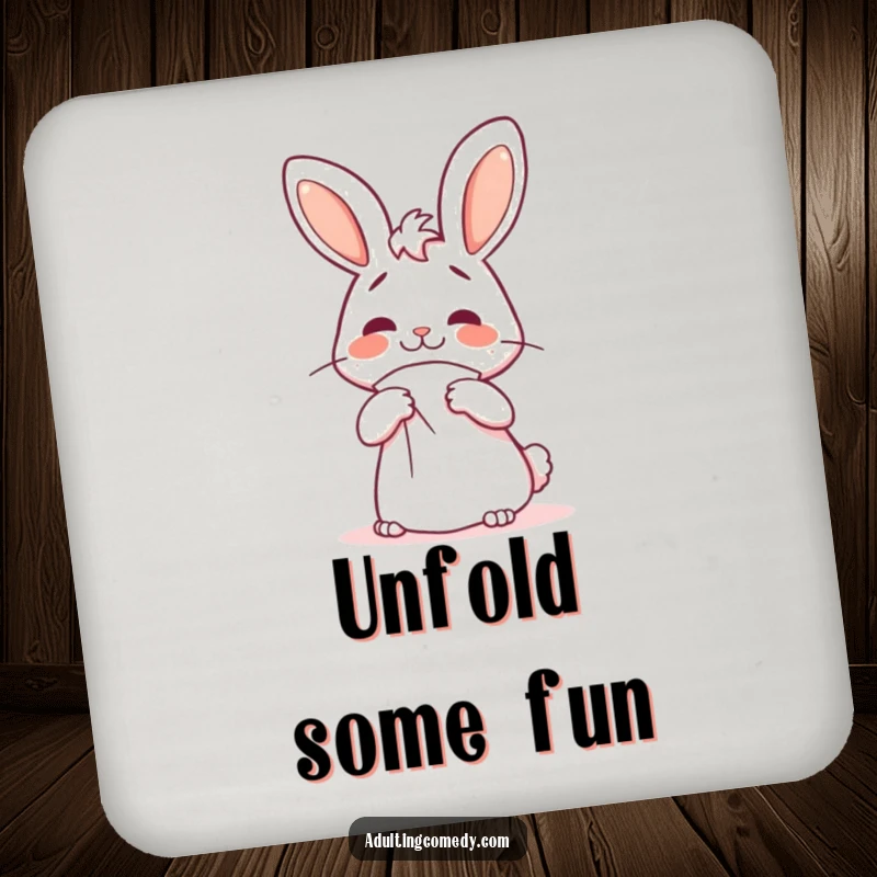 Funny bunny coaster showing a cheerful rabbit with a confused expression struggling with a giant napkin, perfect for drink protection.