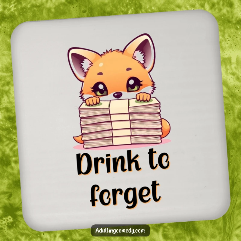 Funny Fox Coaster: A curious fox cub peers over a large stack of bills with wide eyes, a humorous and protective addition to any surface.