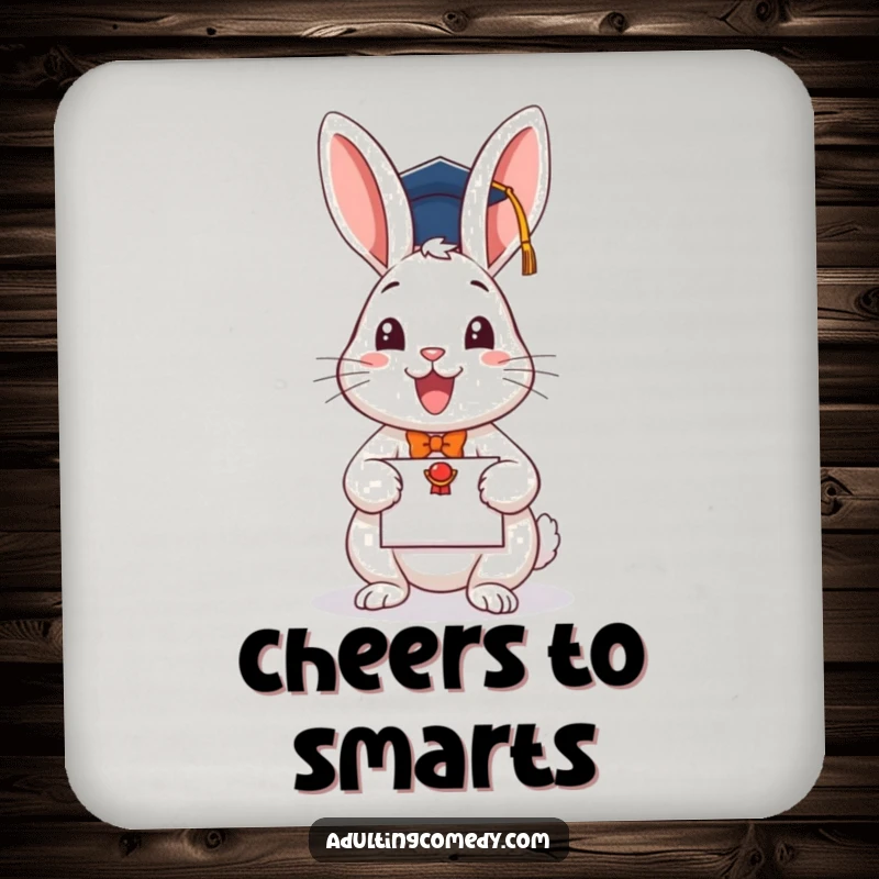 Funny graduation coaster with a cheerful rabbit diploma design, a small fun accessory.