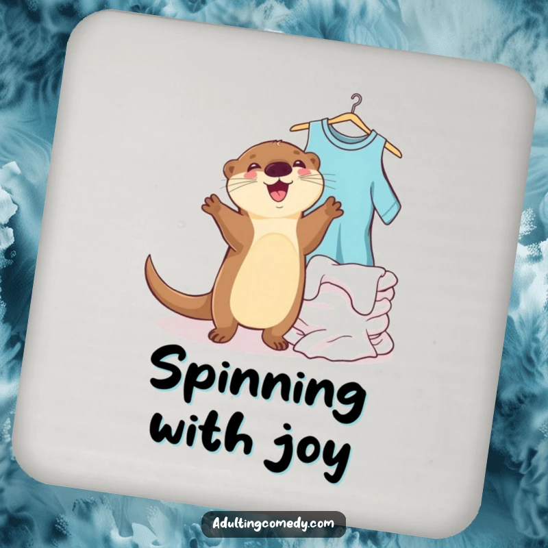 Funny otter coaster showing a joyful creature dancing next to a pile of clean laundry, perfect for drink protection.