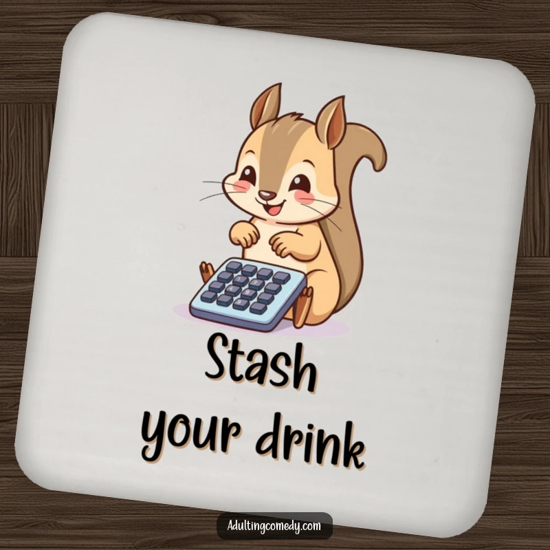 Funny Squirrel Coaster: A happy squirrel taps enthusiastically on a tiny filing cabinet drawer, a humorous and protective addition to any surface.