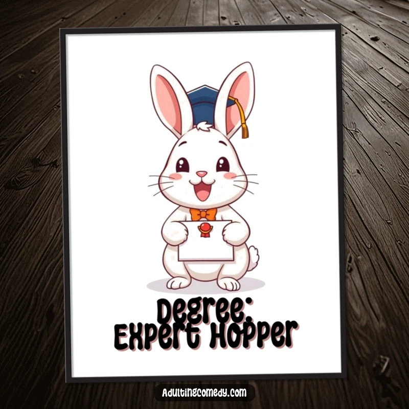 Funny graduation poster of a cheerful rabbit in a cap with a diploma, perfect humorous wall decor.
