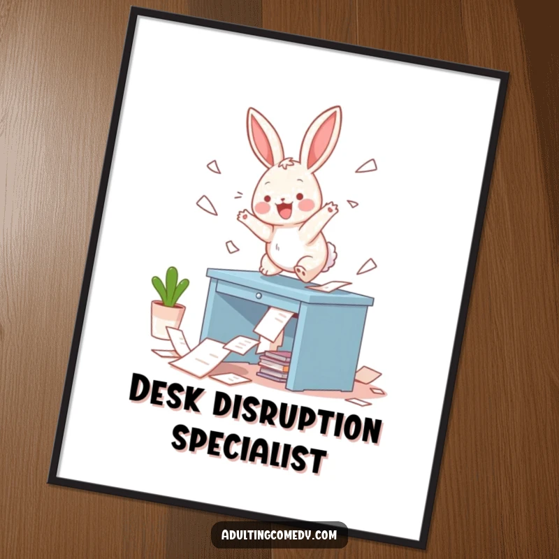 Funny Bunny Poster: A playful bunny causing adorable chaos on a miniature desk, scattering papers with gleeful energy, a hilarious art gift.