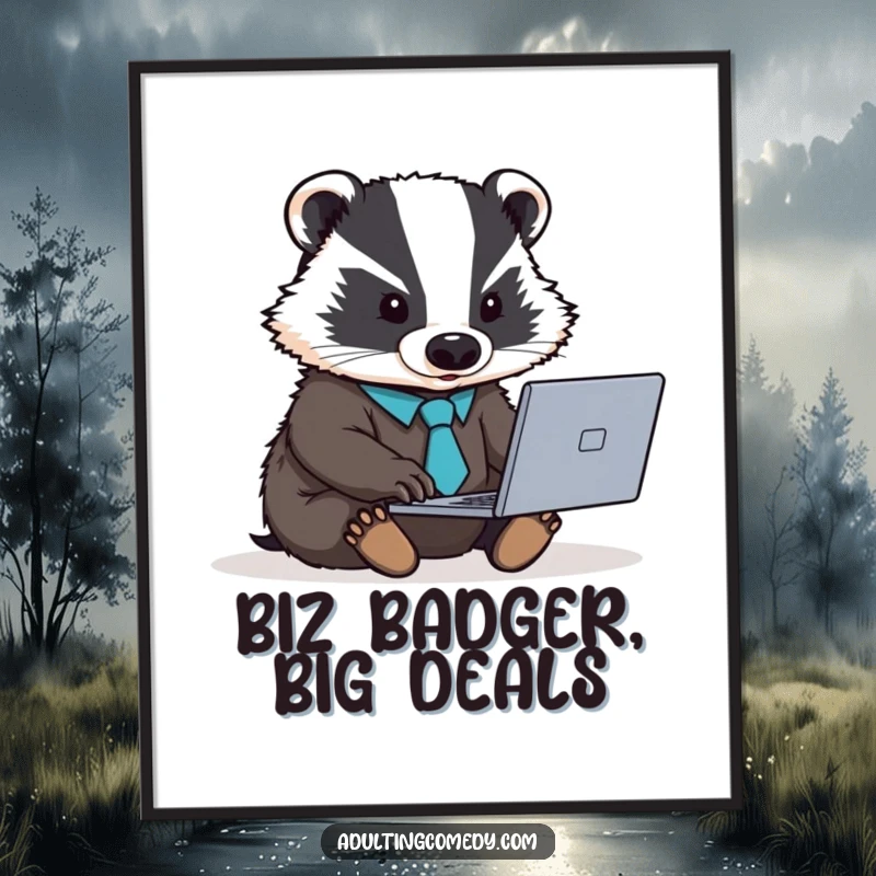Funny badger poster in a tie, working intensely on a laptop, motivational office decor.