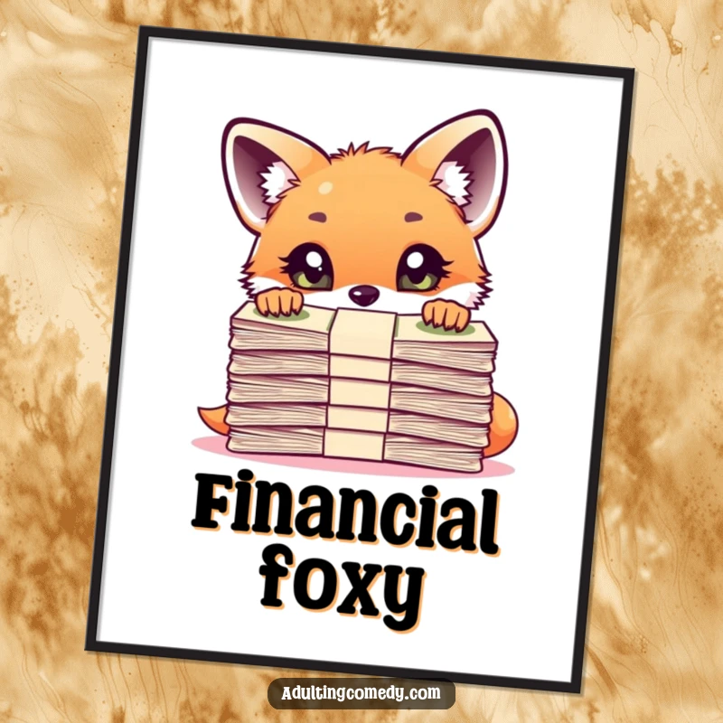 Funny Fox Poster: A curious fox cub peers wide-eyed over a huge stack of bills, a humorous and relatable piece of financial art.