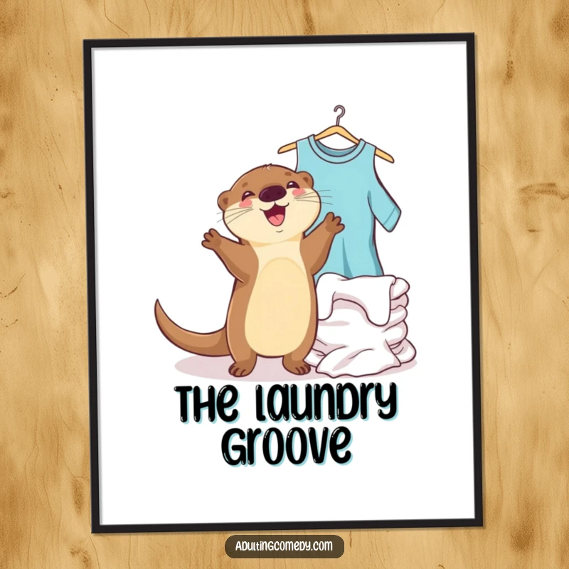 Funny otter poster of a joyful creature doing a little dance next to a pile of perfectly clean laundry, humorous wall art.