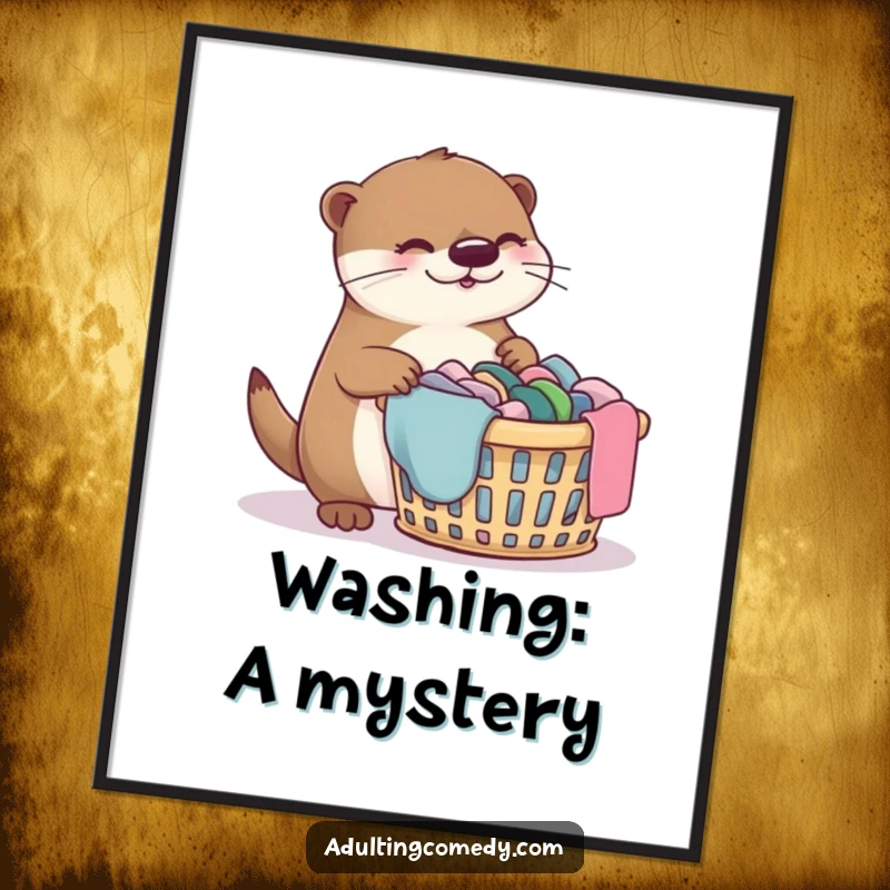 Funny otter poster with a giggling otter overwhelmed by laundry, a humorous wall decoration.