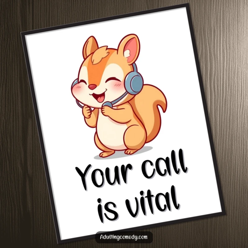 Funny squirrel poster in headset, enthusiastically on the phone, a humorous piece of office decor.