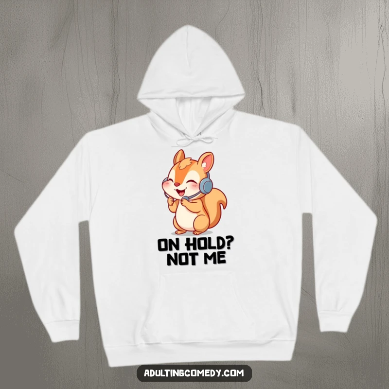 Funny squirrel hoodie with headset, ready for calls, perfect for cozy work calls.