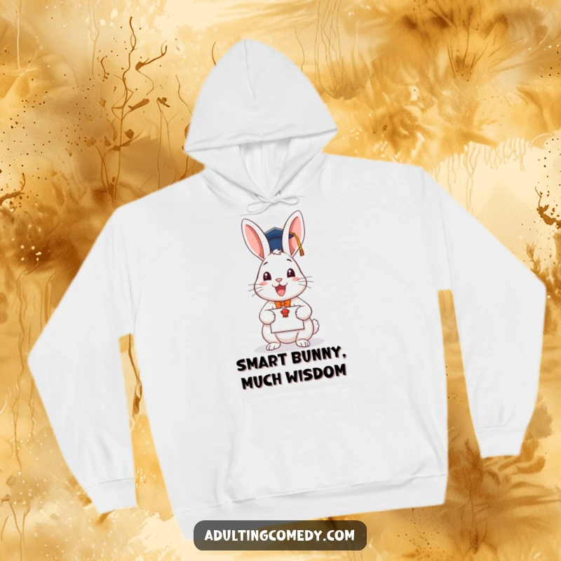 Funny graduation hoodie featuring a cheerful rabbit with a diploma and cap, a comfortable and humorous present.