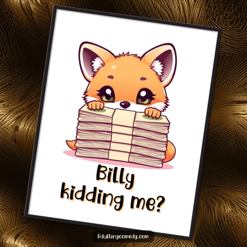 Funny Free Printable Wall Art: A curious fox cub stares in disbelief over a mountain of bills.