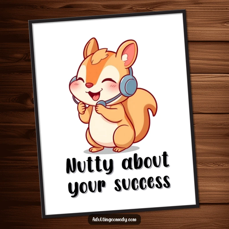 Funny Free Printable happy squirrel wearing headset answering phone, humorous wall art, downloadable and print at home.