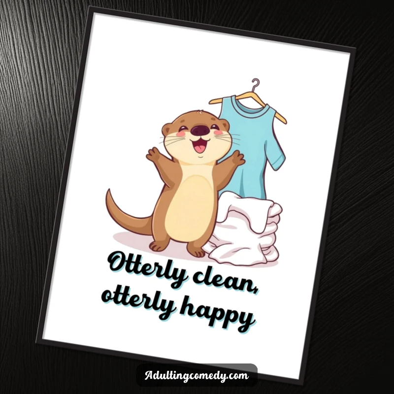 Funny Free Printable Wall Art: Joyful otter doing a happy dance near clean laundry, DIY downloadable art.