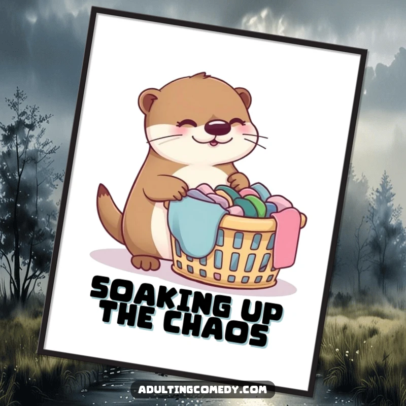 Funny Free Printable giggling otter bewildered by overflowing laundry basket, humorous wall art, downloadable and print at home.