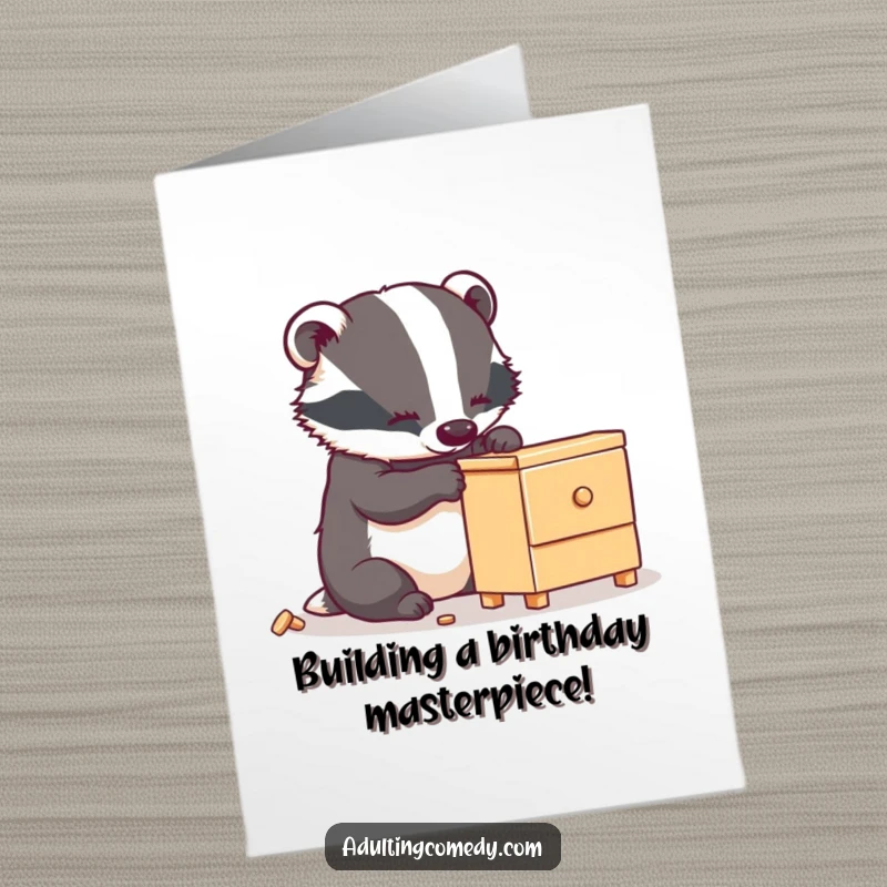 Funny Free Printable Birthday Card: Busy badger carefully building wobbly furniture, a hilarious DIY birthday message.