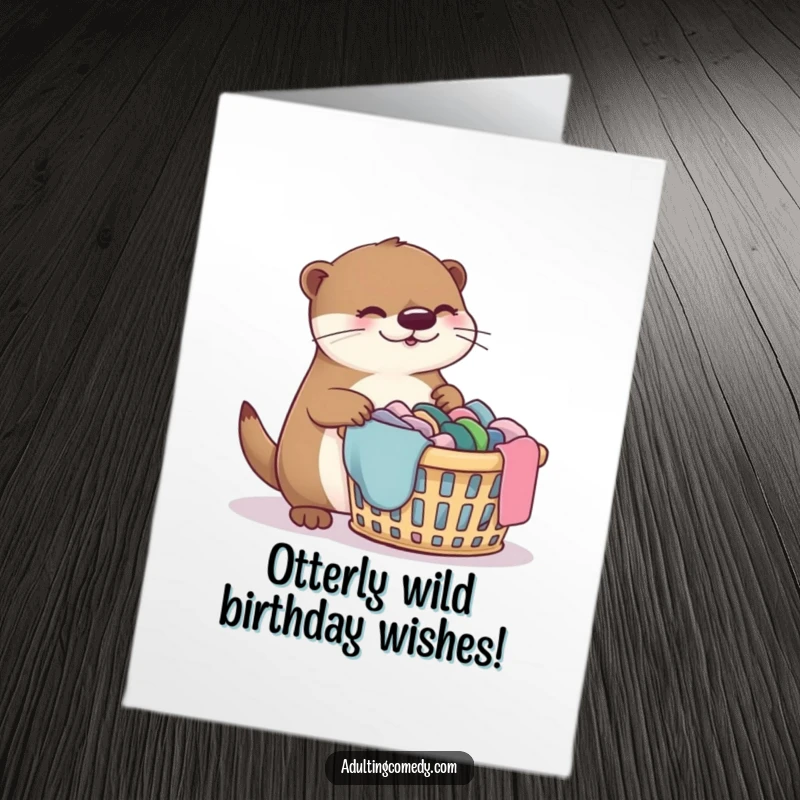 Funny Free Printable giggling otter bewildered by overflowing laundry basket wishing Happy Birthday, downloadable and print at home.