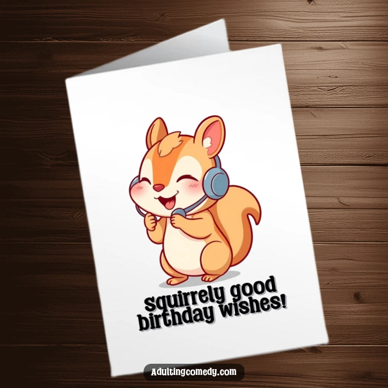 Funny Free Printable happy squirrel wearing headset answering phone wishing Happy Birthday, downloadable and print at home.