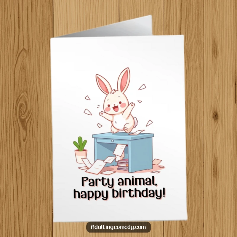 Funny Free Printable Birthday Card: A gleeful bunny jumps on a desk, scattering papers everywhere in a hilarious mess.